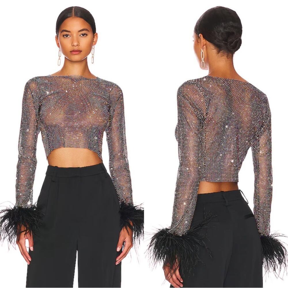 Sheer Metallic Mesh Crop Top with Feather Cuffs - Black